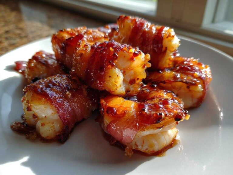 Close-up of several perfectly cooked, glazed bacon wrapped shrimp piled on a white plate.