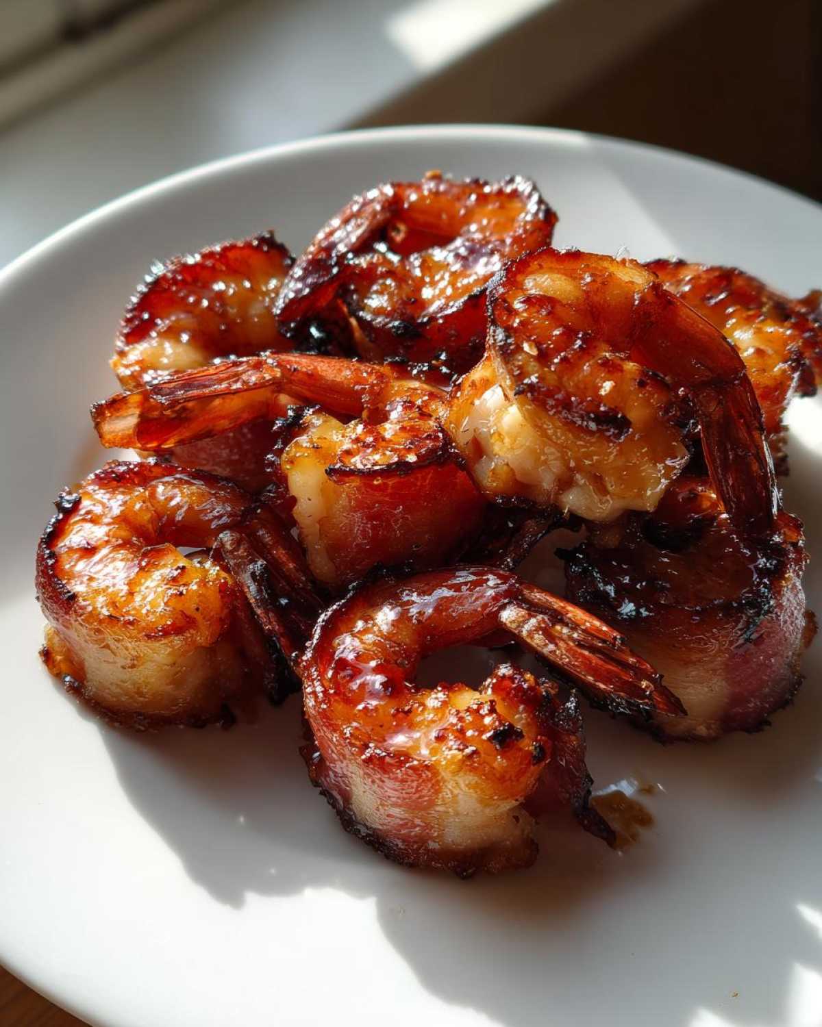 Close-up of perfectly cooked, glazed bacon wrapped shrimp piled on a white plate under bright sunlight.