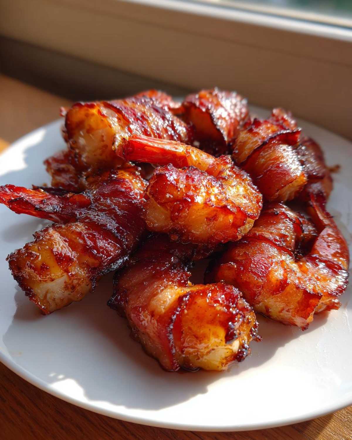 A pile of perfectly cooked, glazed bacon wrapped shrimp served on a white plate, catching the sunlight.