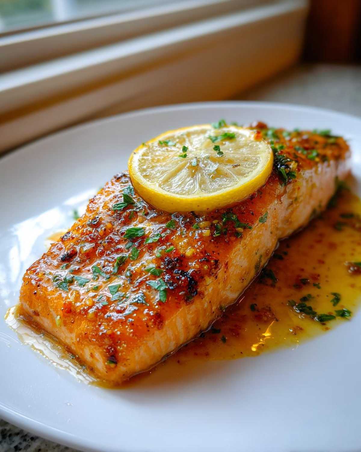 Close-up of a perfectly cooked baked salmon recipe fillet topped with a lemon slice and fresh parsley.