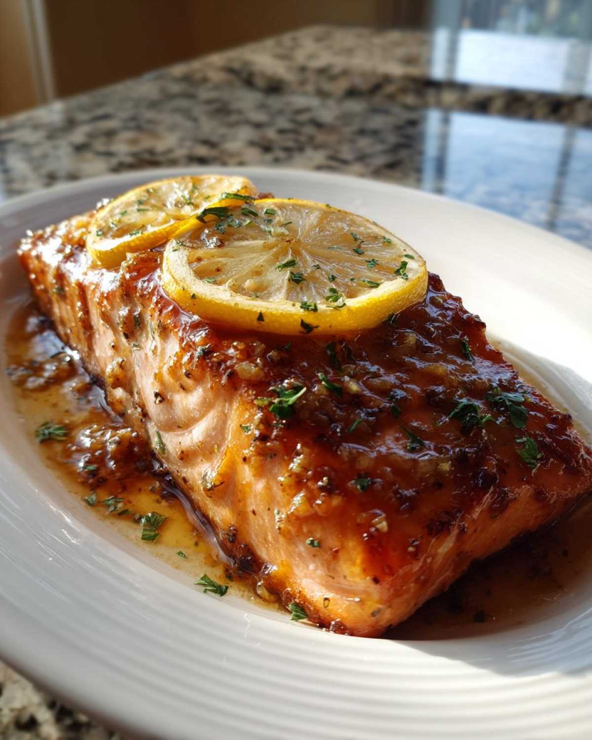 A perfectly cooked piece of baked salmon recipe covered in a rich glaze, topped with two lemon slices and parsley.