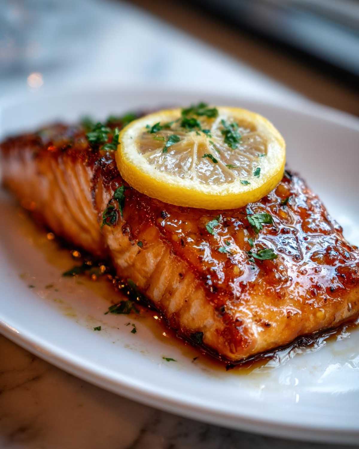 Close-up of a perfectly glazed baked salmon recipe fillet topped with a fresh lemon slice and chopped parsley.