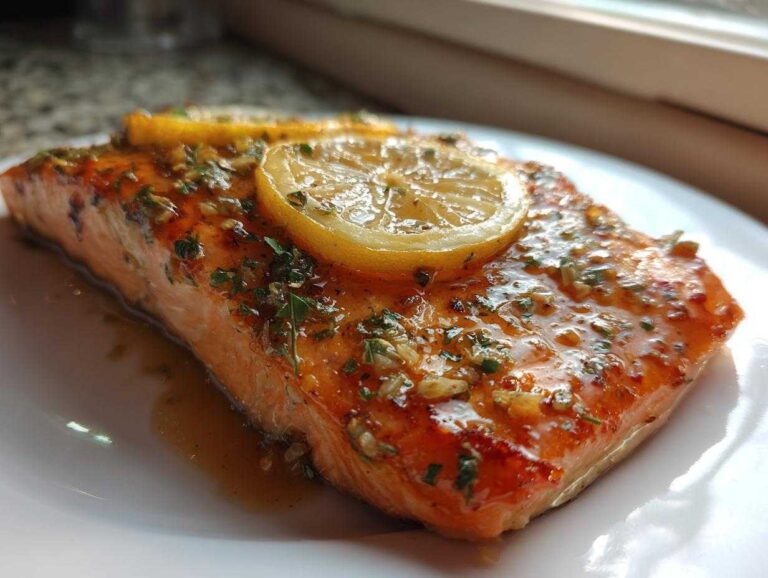 Close-up of a moist, glazed baked salmon recipe fillet topped with herbs and a lemon slice.