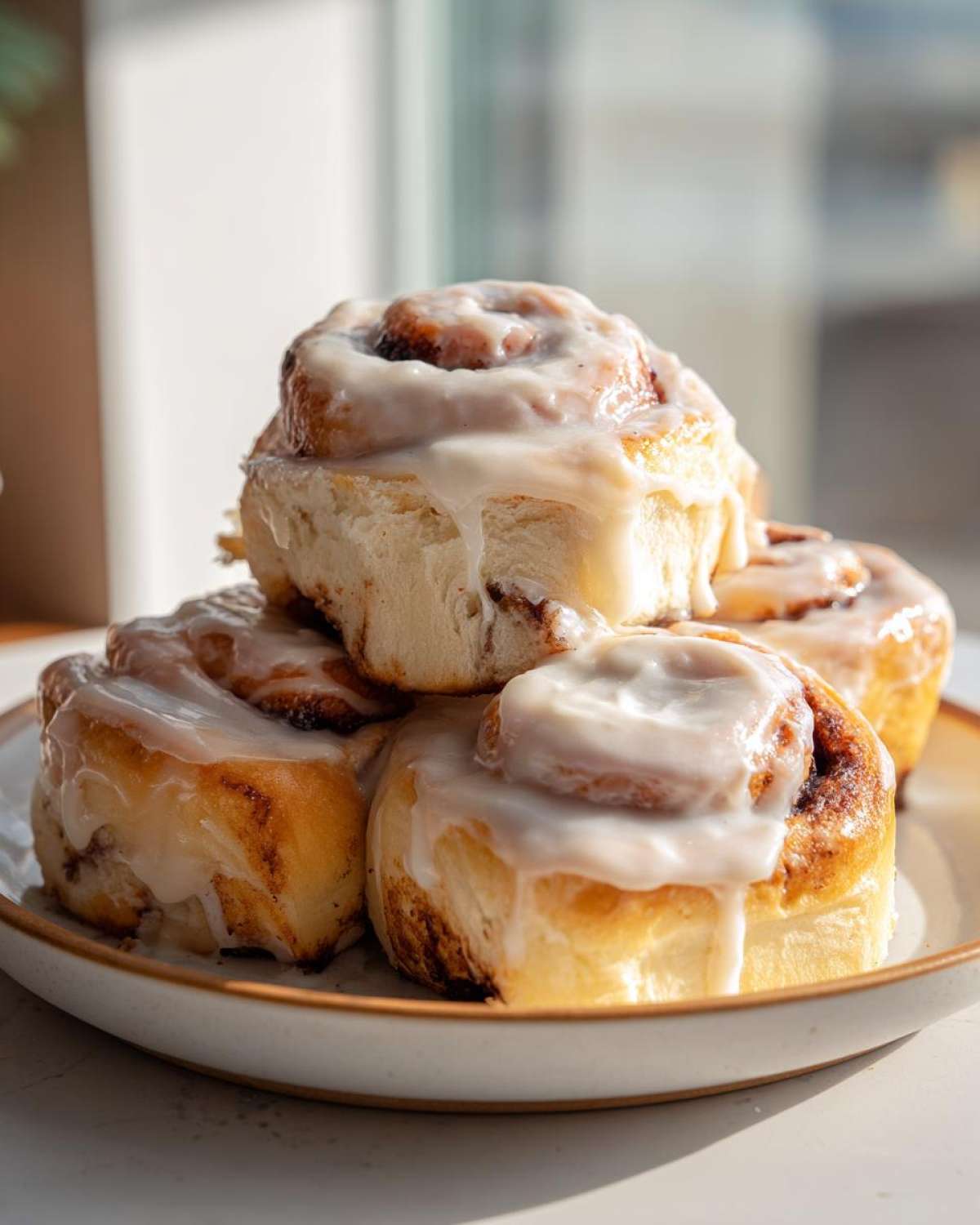 A close-up stack of fluffy, freshly baked cinnamon buns generously topped with white cream cheese frosting.
