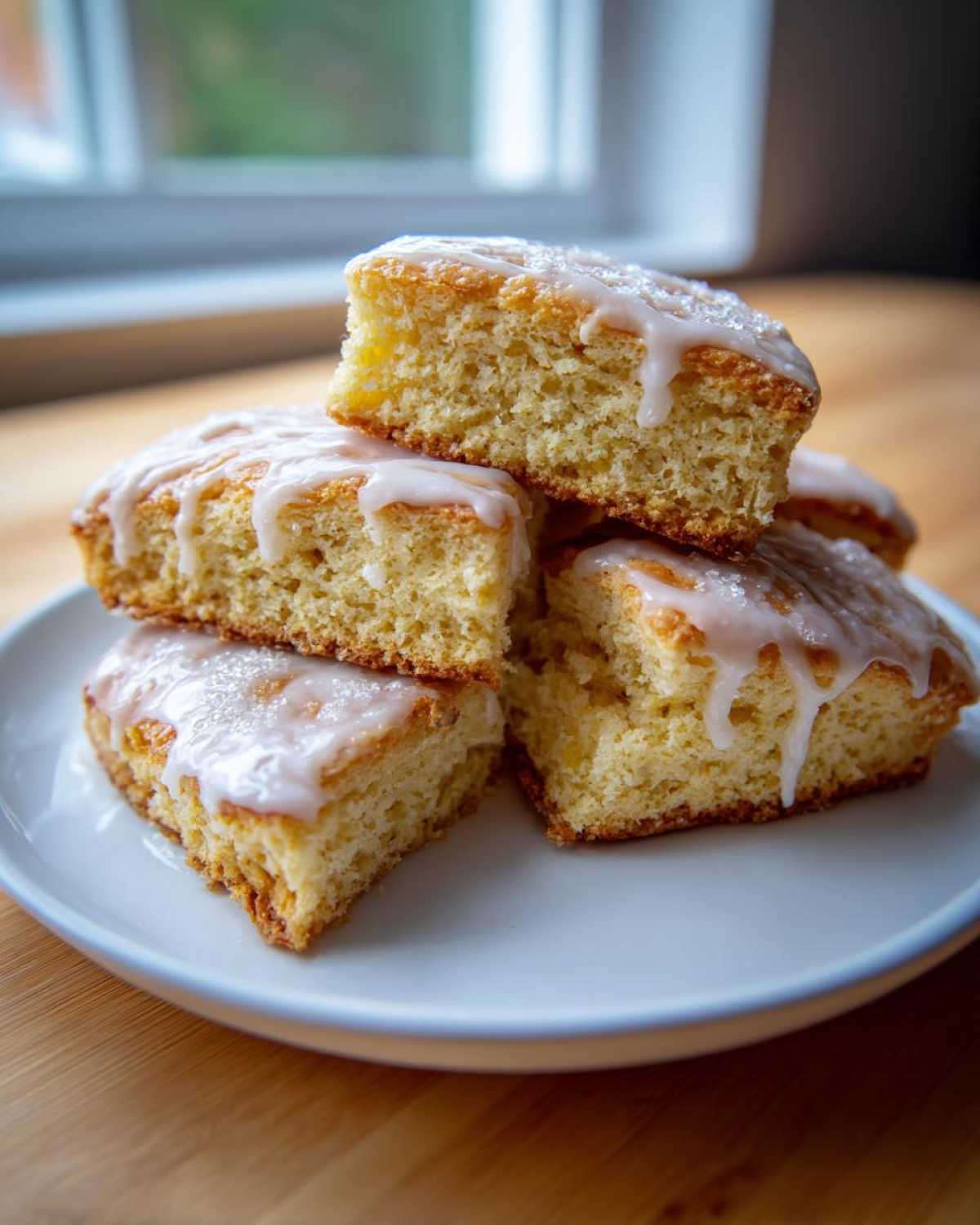 A stack of four square-cut lemon scones topped with a thin white glaze, resting on a white plate.