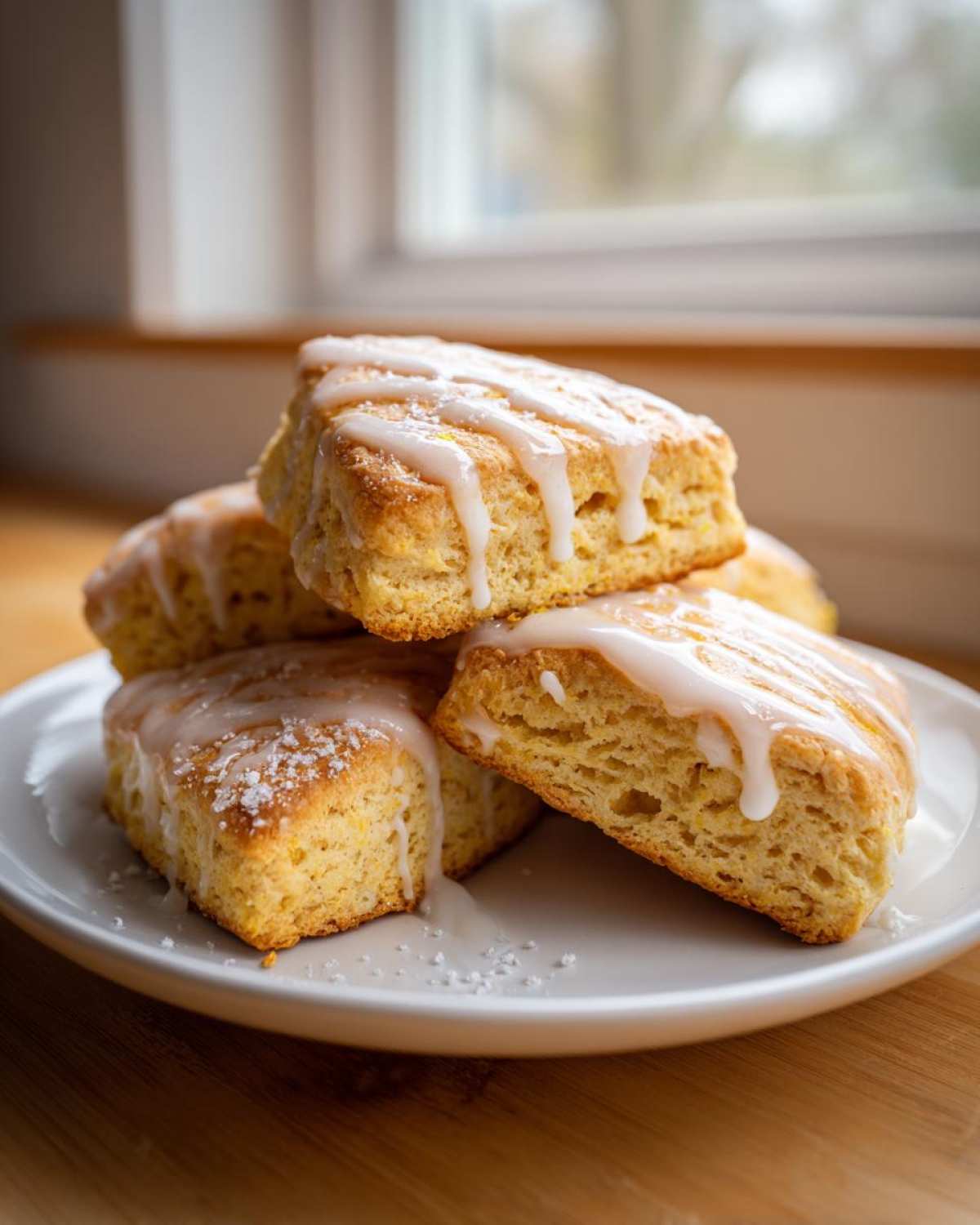 A stack of four freshly baked lemon scones topped with a thick white glaze, resting on a white plate.
