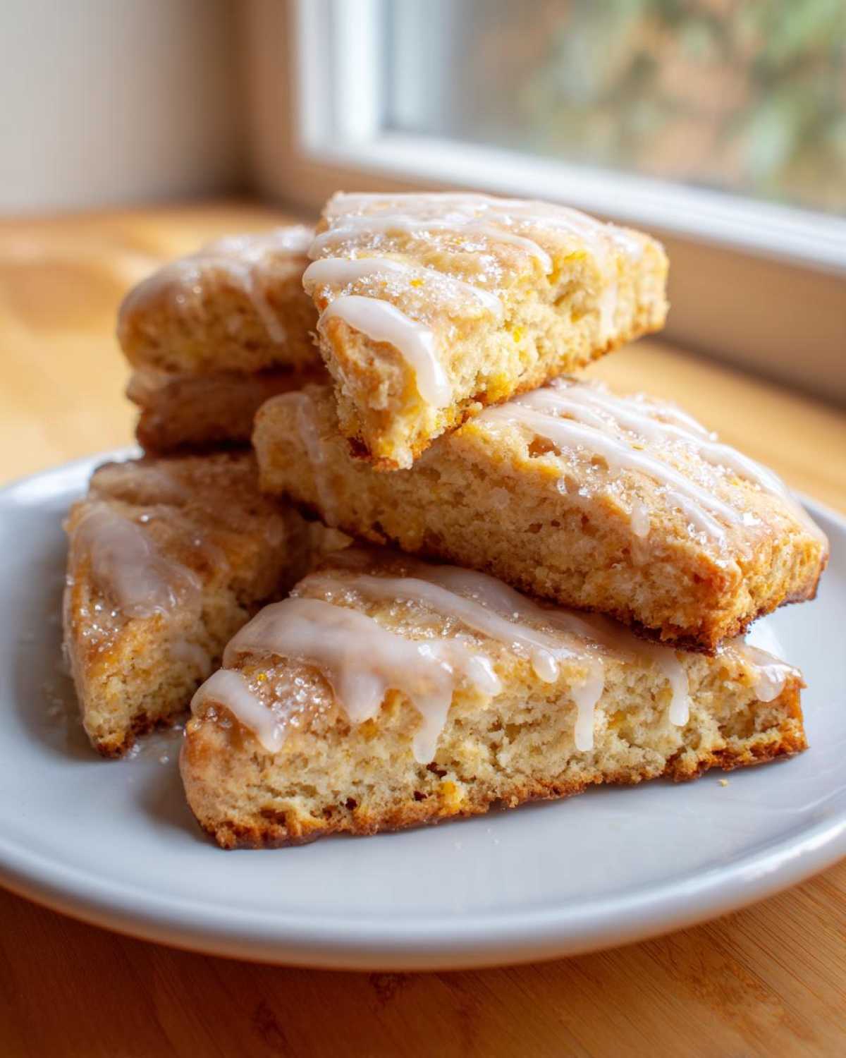 A stack of four freshly baked lemon scones topped with white glaze and coarse sugar, resting on a white plate.