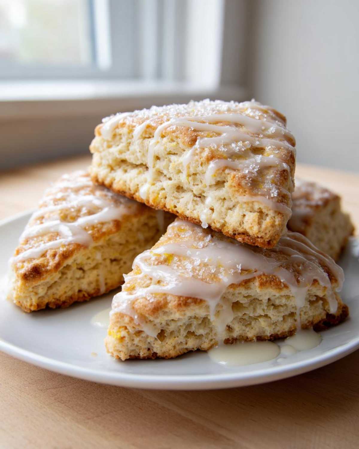 A stack of four triangular lemon scones topped with white glaze and coarse sugar crystals.