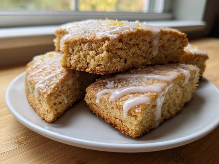 Close-up of several square lemon scones stacked on a white plate, drizzled with white glaze and sprinkled with lemon zest.