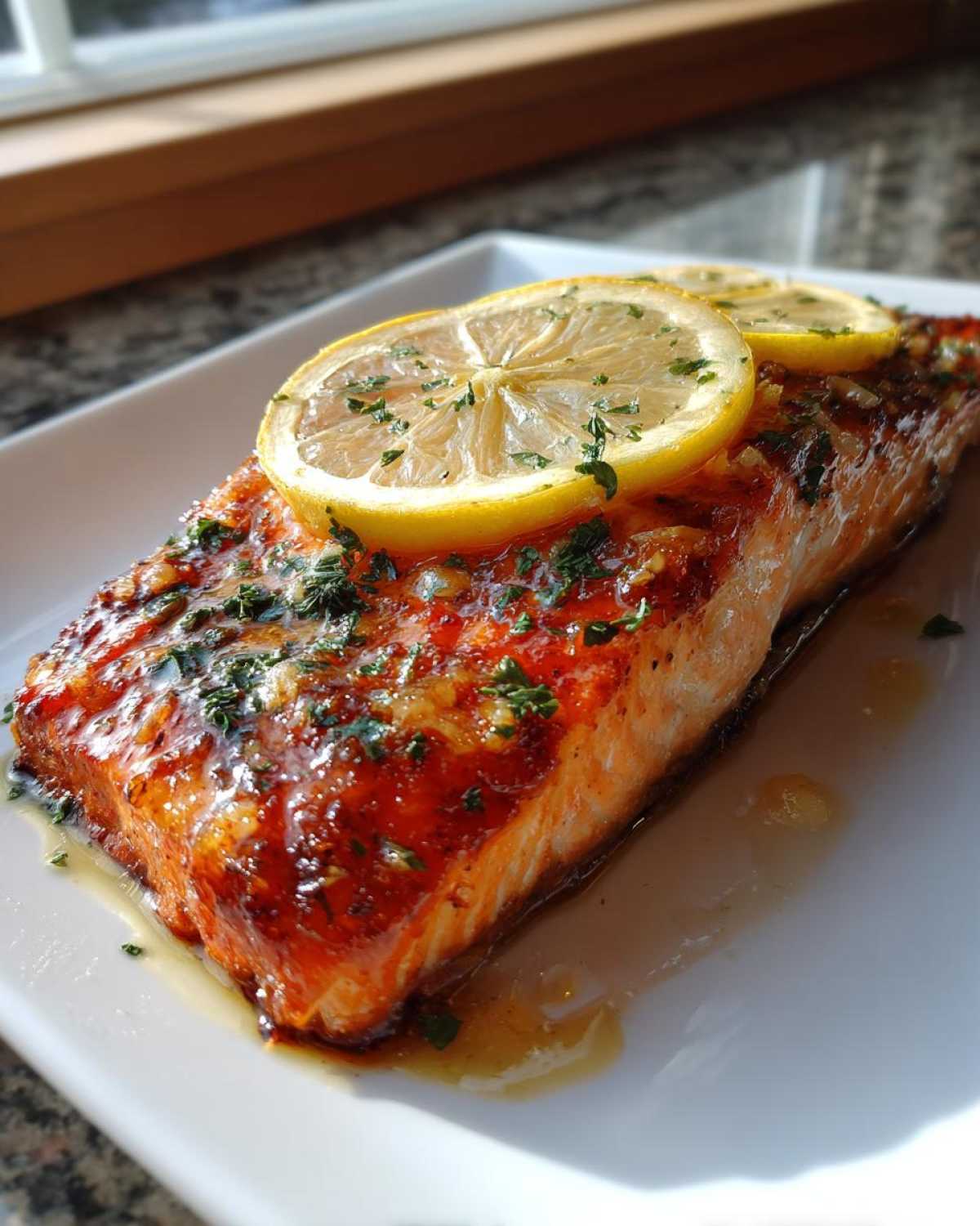 A perfectly cooked, glazed fillet of salmon topped with fresh lemon slices and chopped parsley, ready for a baked salmon recipe.