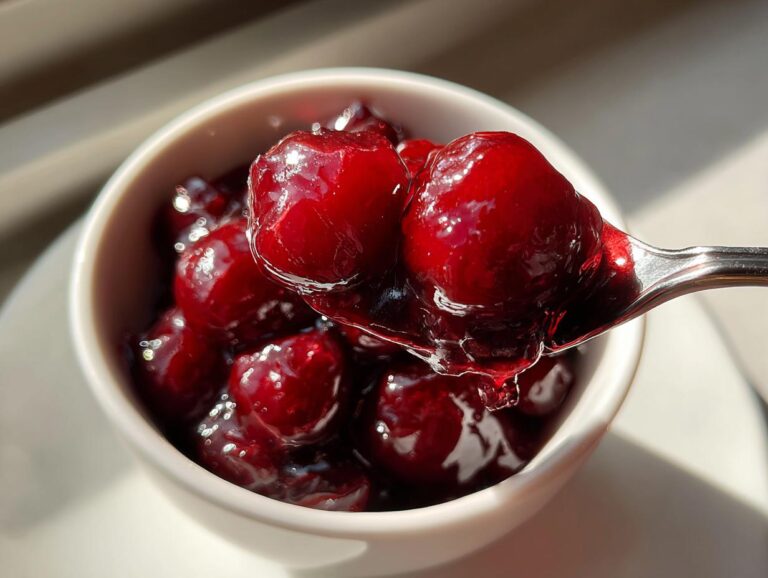 Close-up of glossy, deep red cherry pie filling being lifted from a white bowl on a silver spoon.