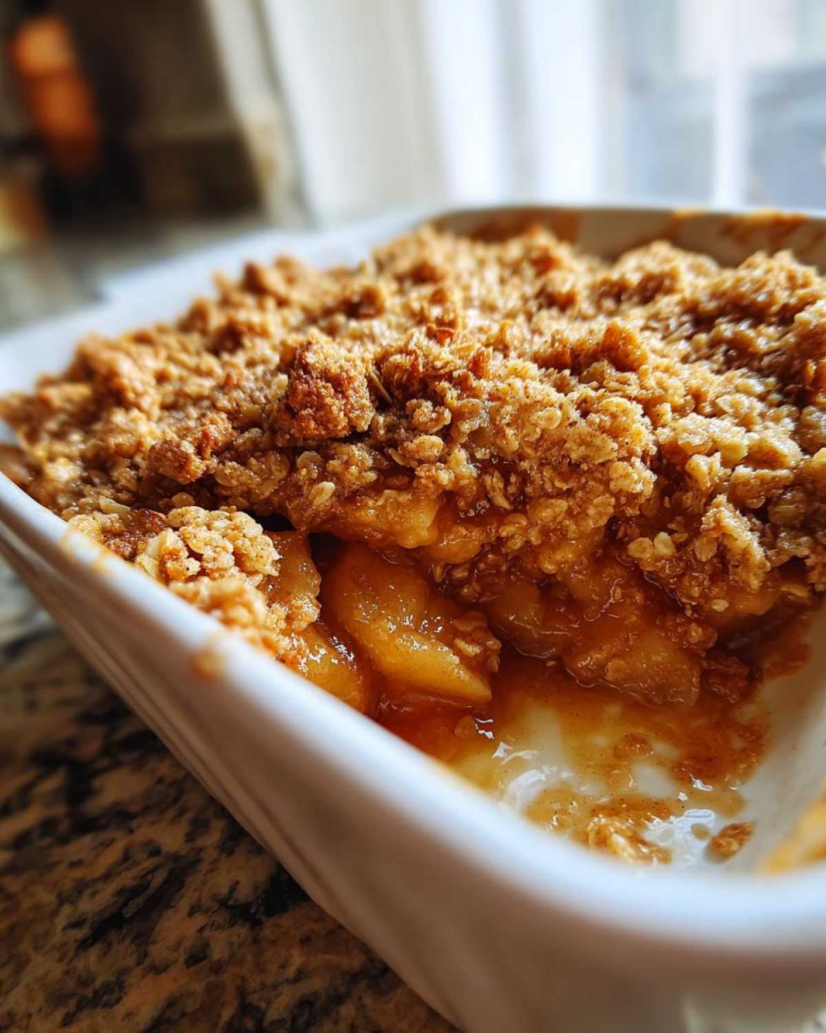 Close-up of a freshly baked apple crisp recipe showing a thick, golden, crumbly oat topping over bubbling, saucy apples.