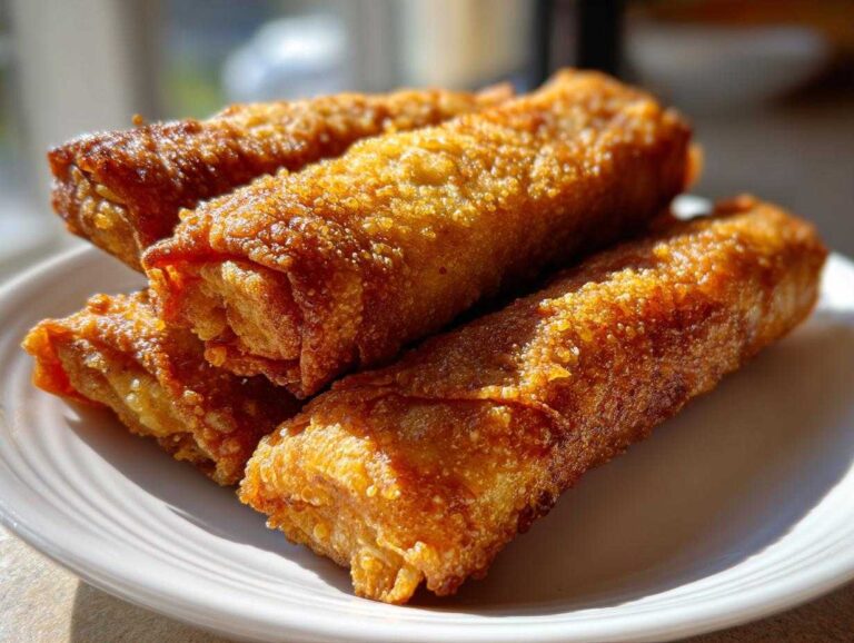Guaranteed 1 awesome egg roll crunch in 4 steps Three perfectly fried, golden brown egg roll appetizers stacked on a white plate, highlighting their crunchy texture.