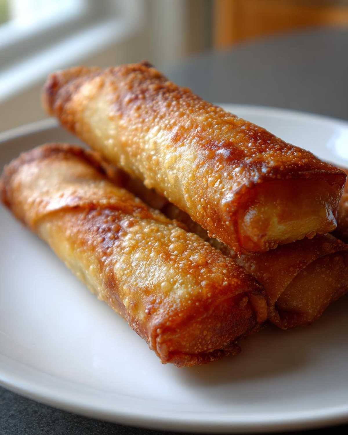 Close-up of several perfectly fried, crispy egg roll wrappers stacked on a white plate.