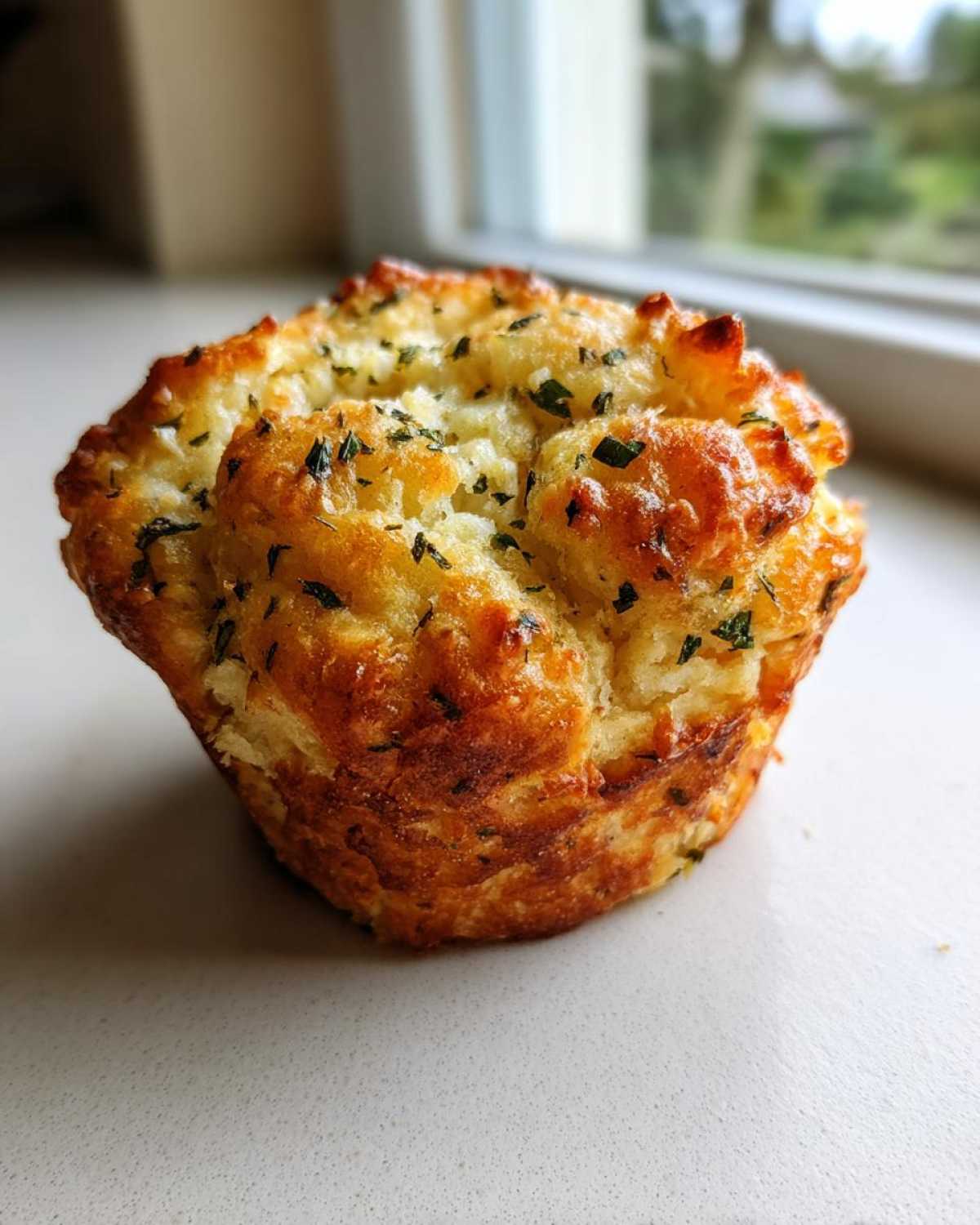 A close-up of a single, golden brown Focaccia Muffins Recipe item, topped with visible green herbs.