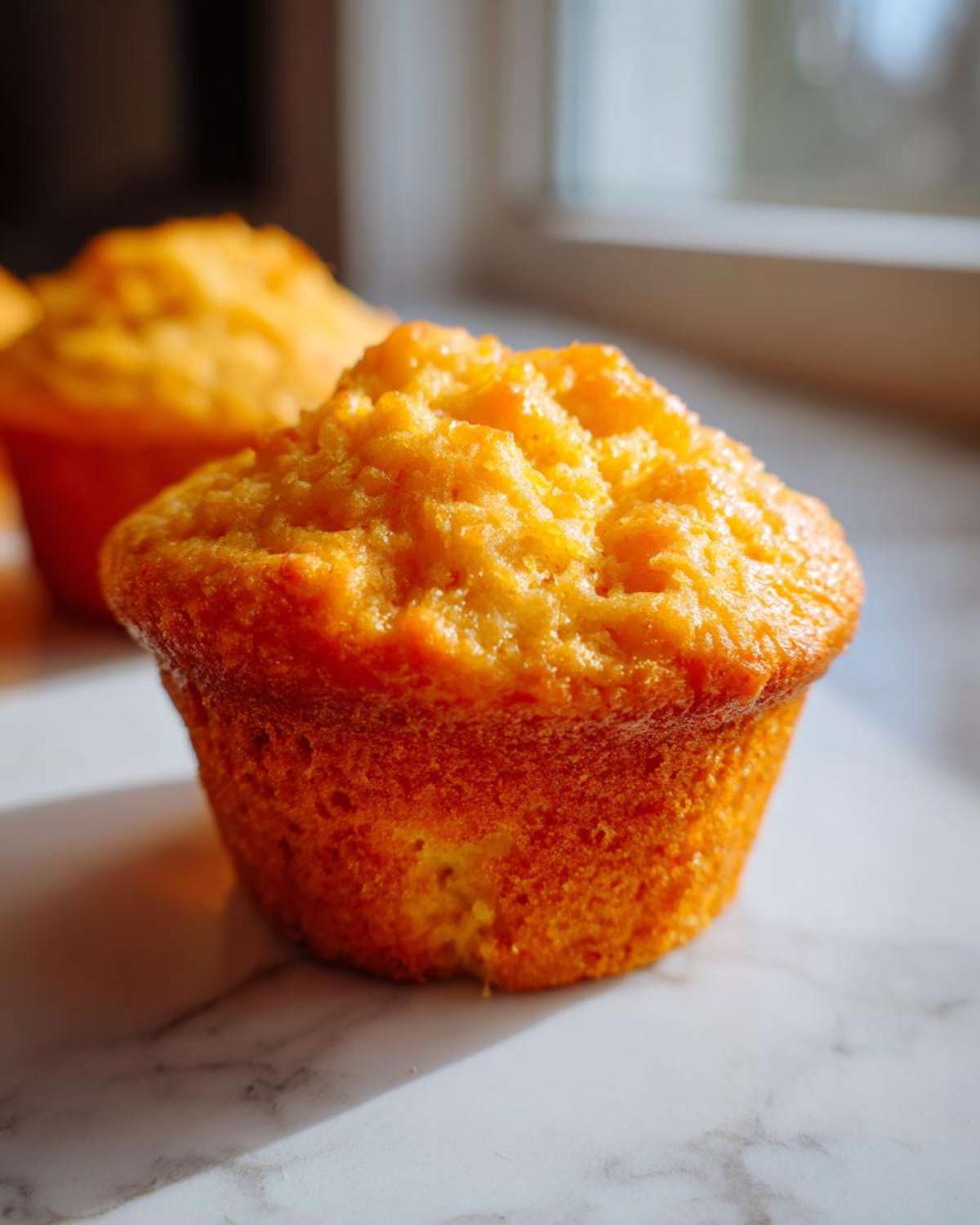 Close-up of a golden orange muffin sitting on a marble surface, ready for the Fluffy Orange Muffin Glaze.