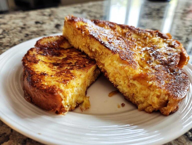 Two thick slices of golden brown sourdough french toast resting on a white plate, showing a fluffy interior.