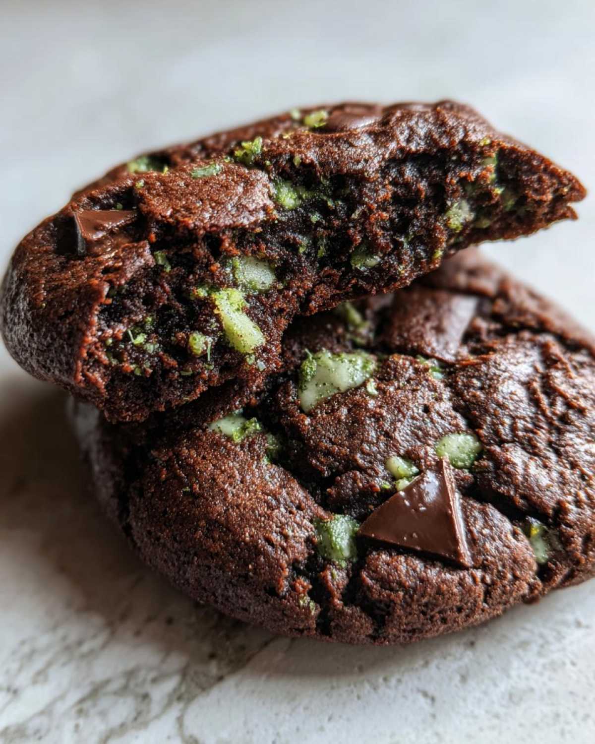 Close-up of a rich, dark chocolate Andes Mint cookies broken in half, showing a gooey interior with green mint chips.