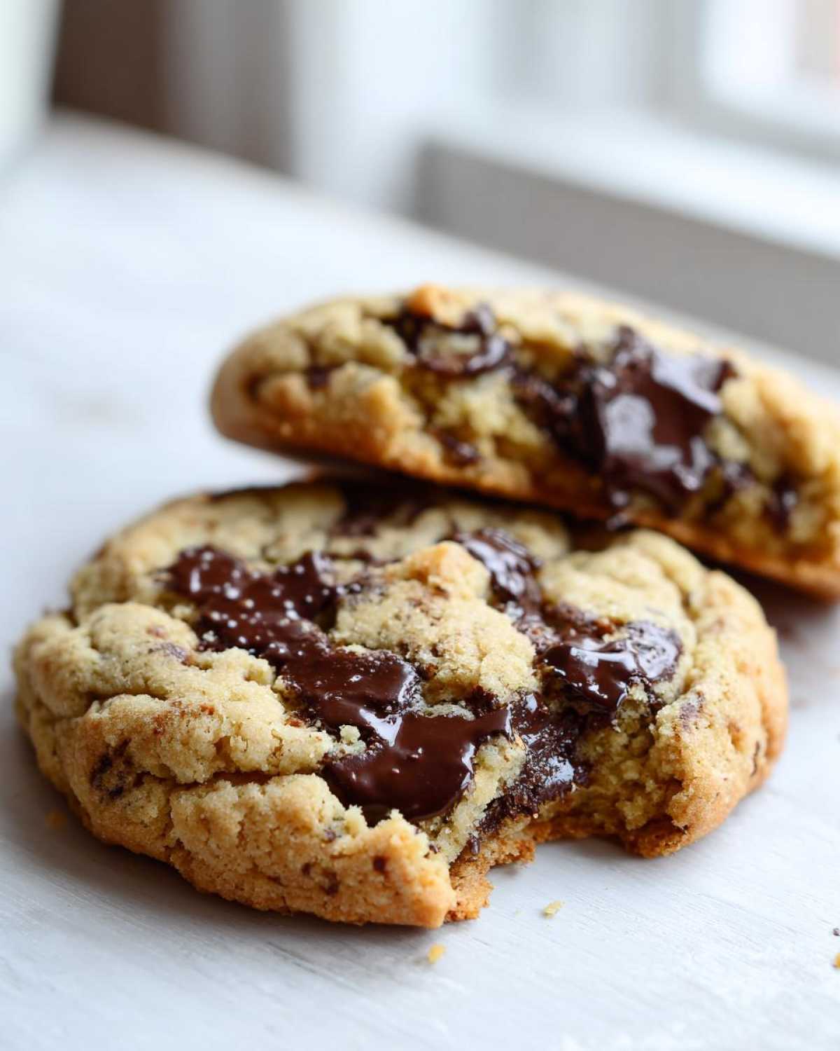 Close-up of two gooey homemade chocolate chip cookies, one with a bite taken out, showing melted chocolate.