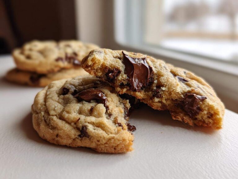 Close-up of a homemade chocolate chip cookie broken in half, showing melted chocolate chips inside.