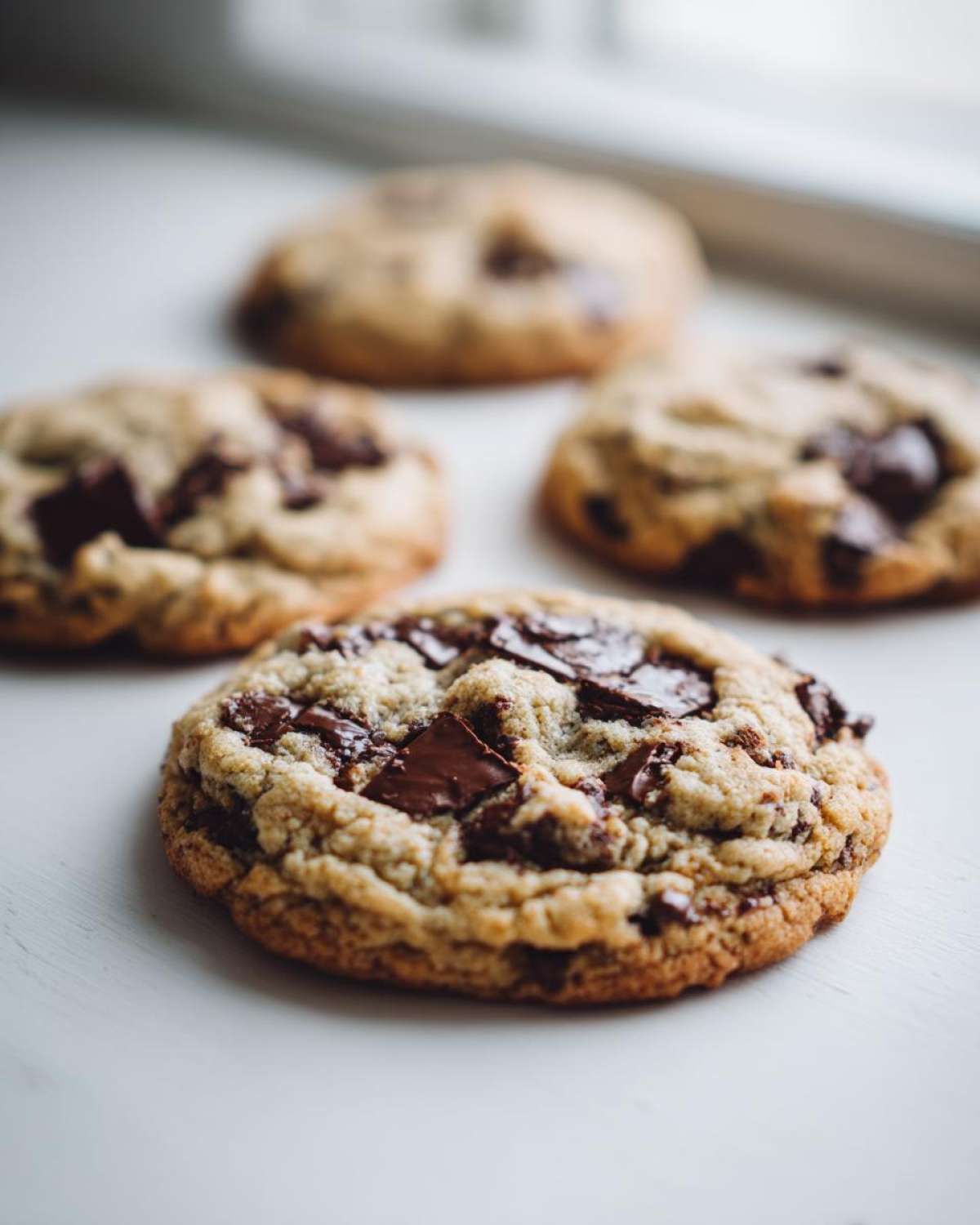A close-up, shallow depth-of-field shot of fresh homemade chocolate chip cookies with melted chocolate chunks.