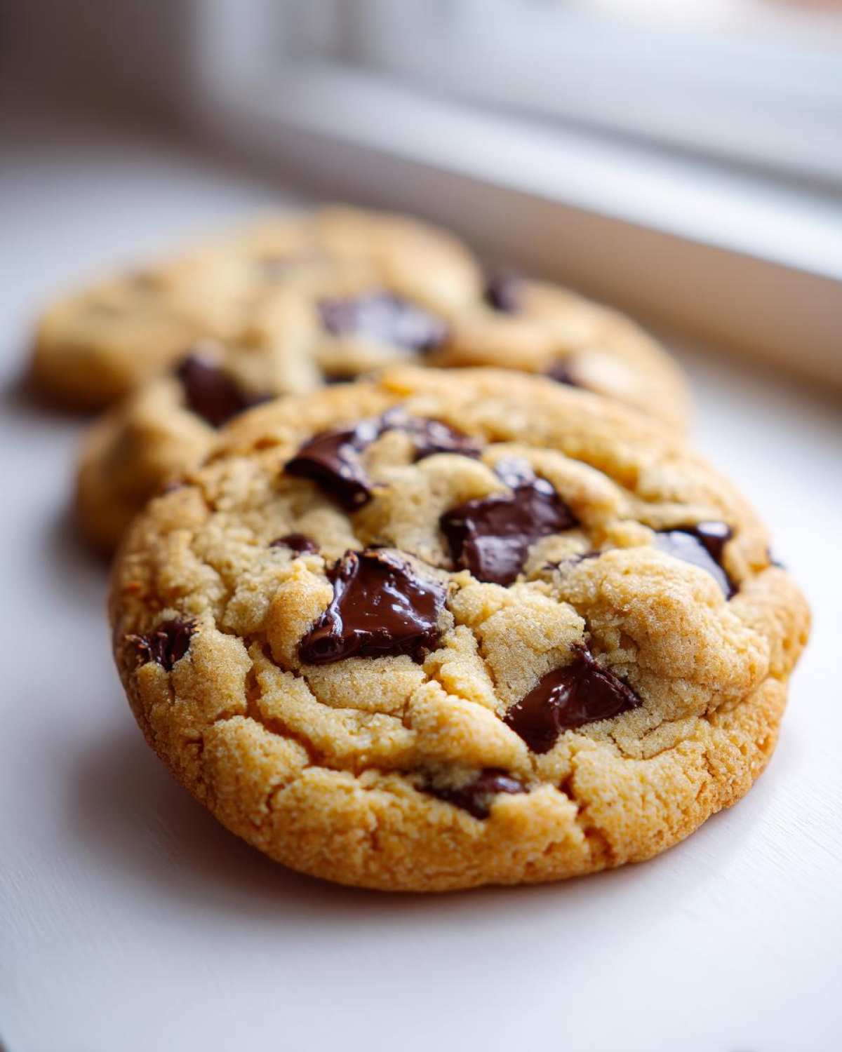Close-up of a perfectly baked homemade chocolate chip cookie with melted chocolate chunks, lined up by a window.