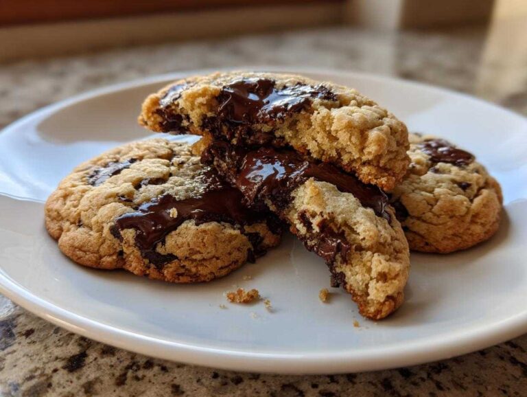 Close-up of gooey sourdough chocolate chip cookies broken open to show melted chocolate.