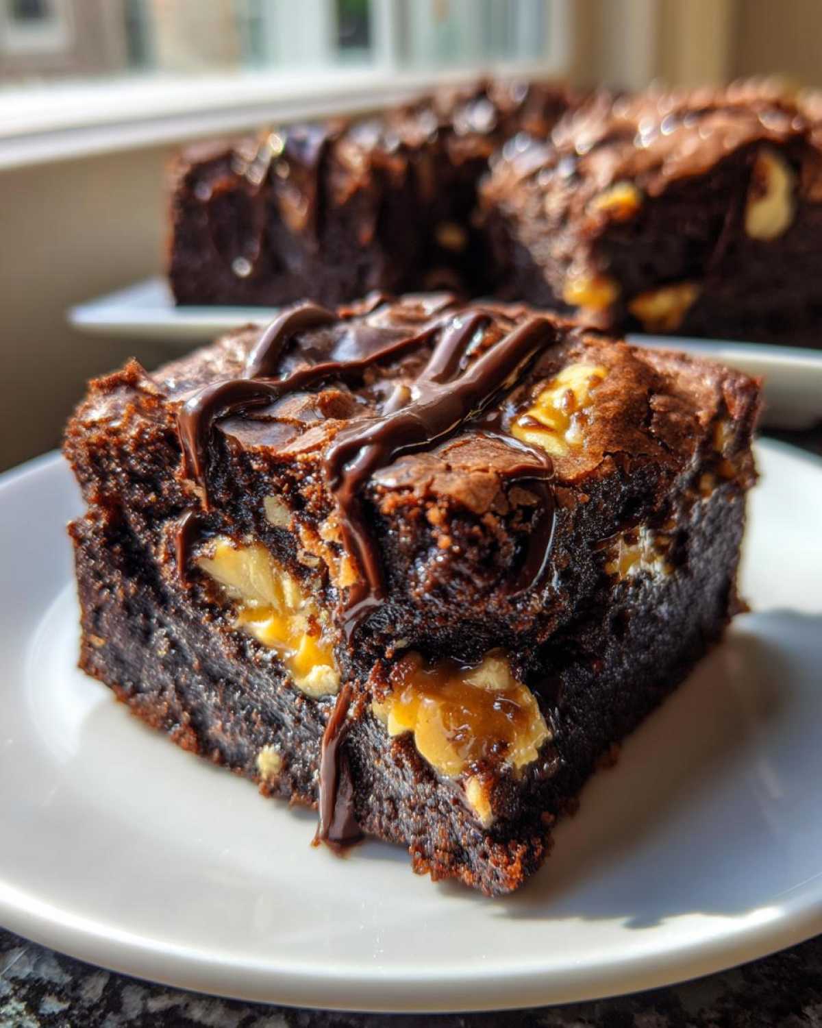 A rich, fudgy square of turtle brownies topped with melted caramel and a dark chocolate drizzle, sitting on a white plate.