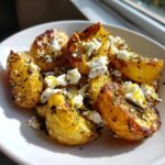 Close-up of golden roasted potatoes topped with crumbled feta cheese, herbs, and lemon zest, representing Greek Feta Roast Potatoes.
