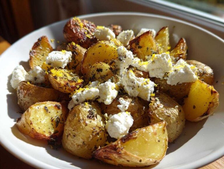 Golden roasted potato wedges topped with crumbled feta cheese, herbs, and lemon zest, ready to eat Greek Feta Roast Potatoes.
