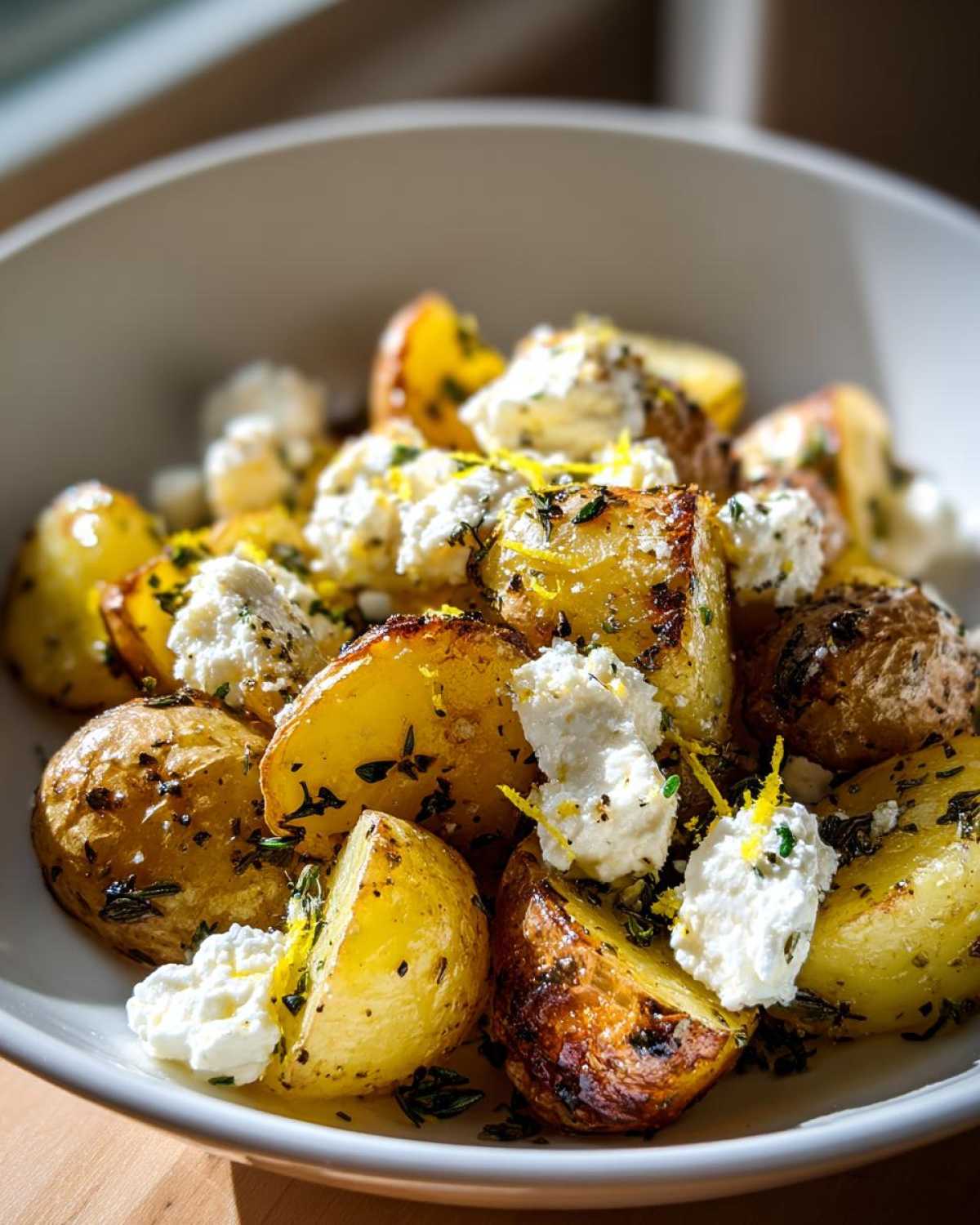 Close-up of golden roasted potatoes topped with dollops of creamy feta cheese, herbs, and lemon zest: Greek Feta Roast Potatoes.