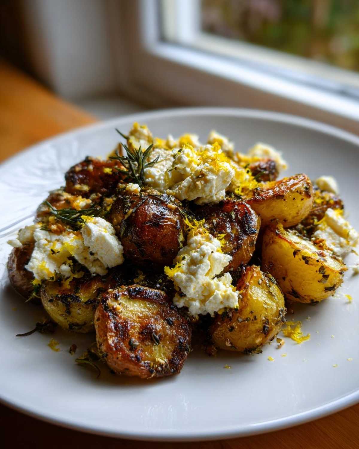 A close-up of perfectly roasted Greek Feta Roast Potatoes topped with crumbled feta, lemon zest, and rosemary.