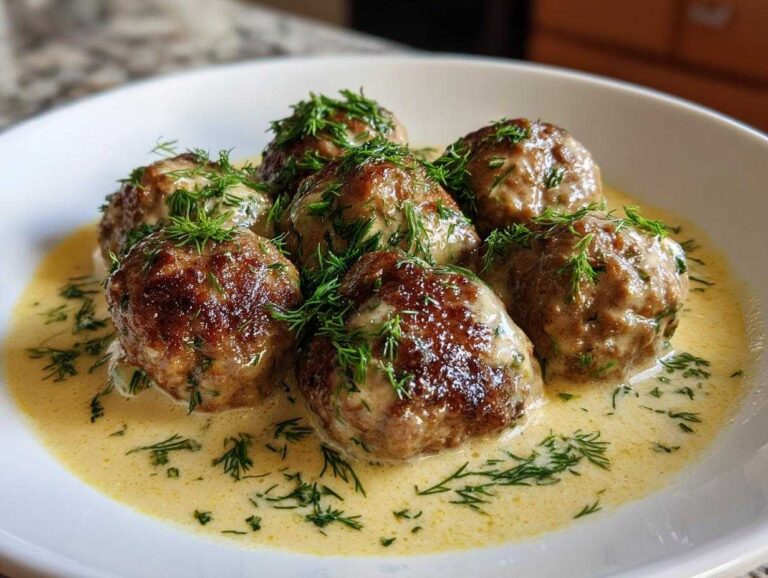 Amazing 4-Ingredient Greek Meatballs in Lemon Sauce Close-up of six browned Greek Meatballs in Lemon Sauce, generously topped with fresh dill.