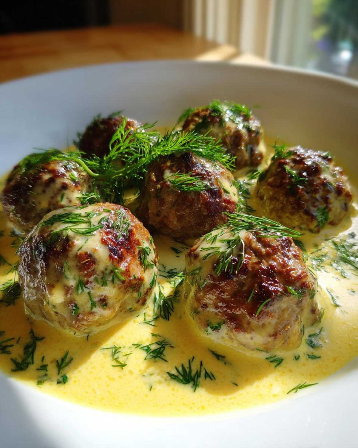 Close-up of browned Greek Meatballs in Lemon Sauce, generously garnished with fresh dill.