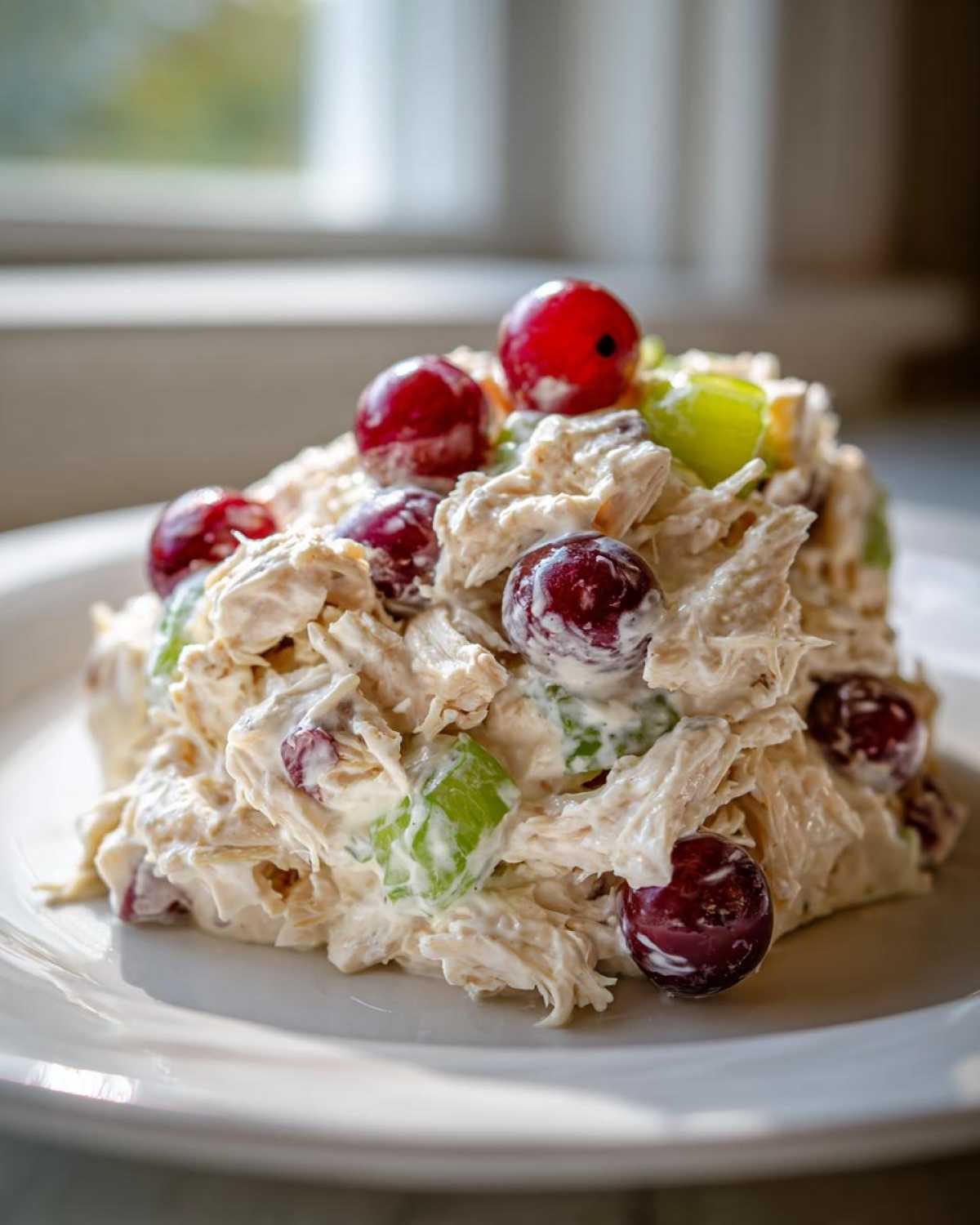 A mound of creamy greek yogurt chicken salad mixed with celery and topped with red and green grapes on a white plate.