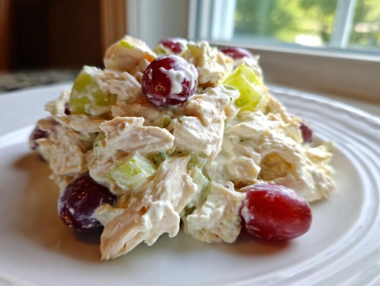 A close-up of a scoop of creamy greek yogurt chicken salad mixed with red and green grapes, served on a white plate.