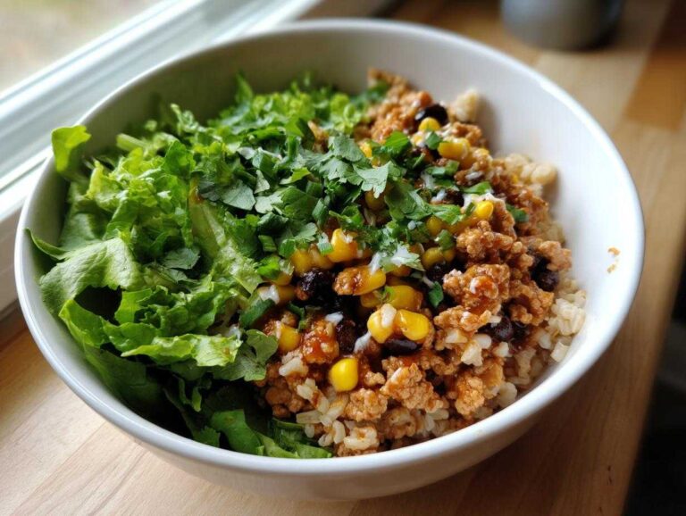 A close-up of a white bowl filled with a hearty Ground Turkey Rice Bowls, topped with lettuce, corn, black beans, and cilantro.