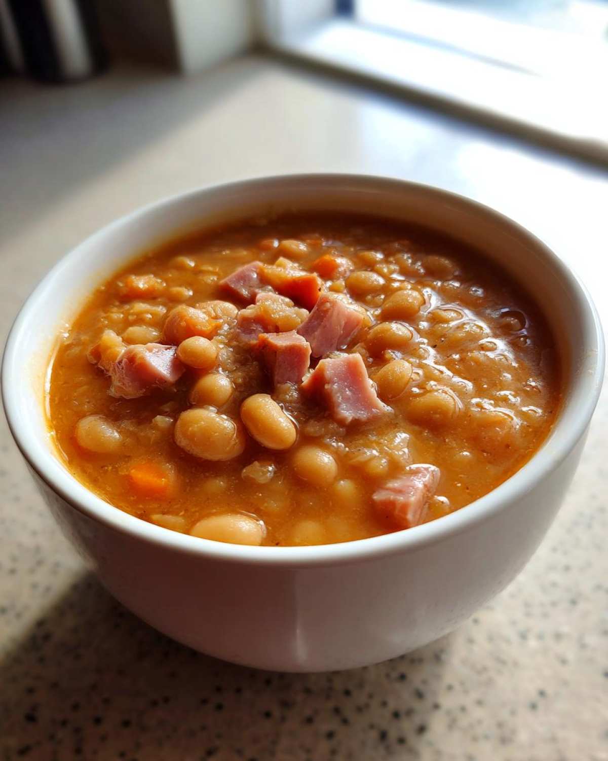 Close-up of a white bowl filled with thick, savory Ham and Bean Soup featuring white beans and diced ham chunks.