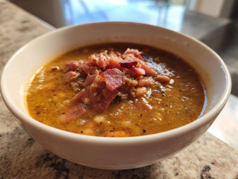 Close-up of a white bowl filled with rich, savory Ham and Bean Soup, topped with diced ham pieces.