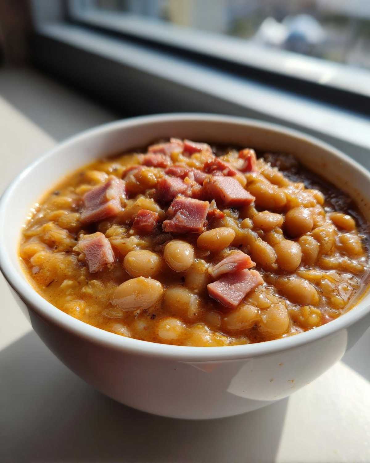 Close-up of a white bowl filled with Ham and bean soup, topped with diced ham pieces.
