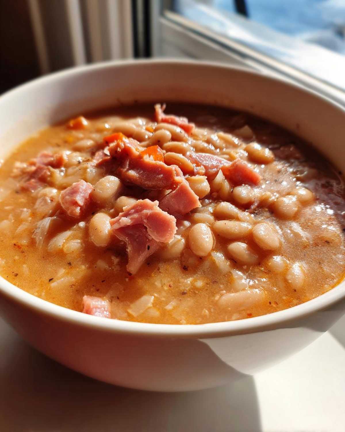 Close-up of a white bowl filled with thick, creamy ham and bean soup topped with diced ham pieces.