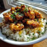 Crispy pieces of glazed Hawaiian Chicken served over fluffy coconut rice and garnished with fresh parsley.