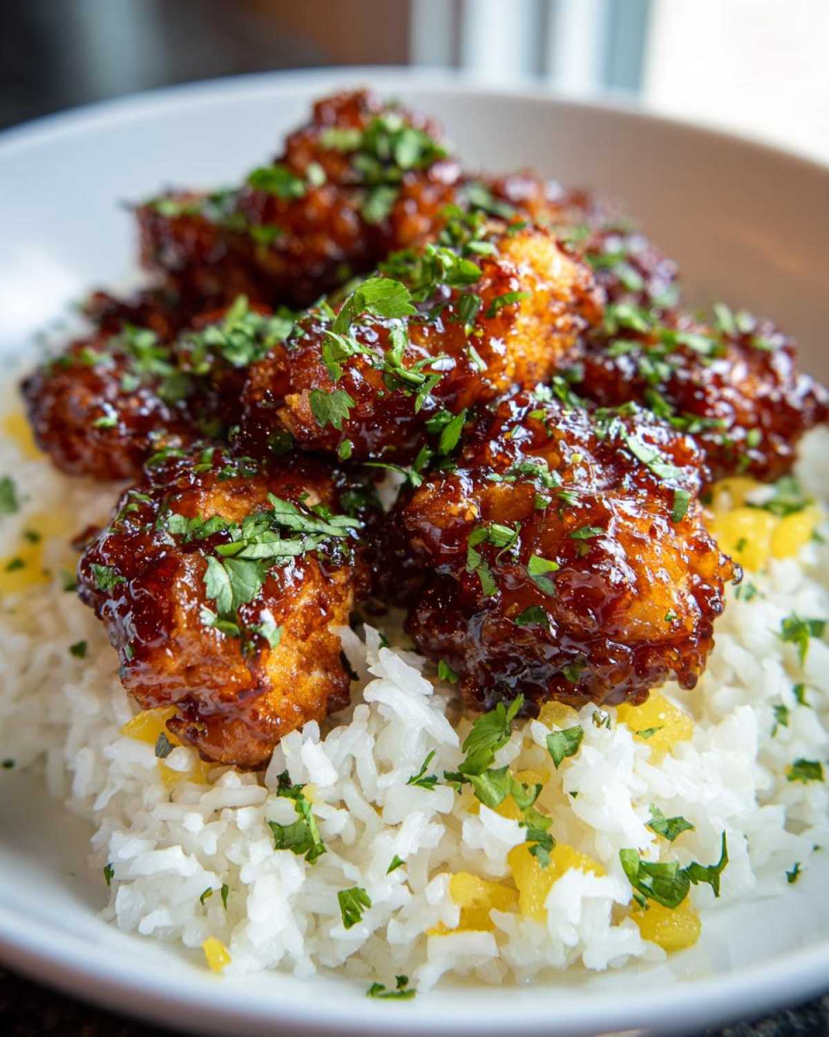 Close-up of glazed Hawaiian Chicken Coconut Rice, featuring sticky, saucy chicken pieces over white coconut rice with pineapple chunks.