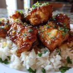 Close-up of glazed, saucy chicken pieces served over fluffy white coconut rice, garnished with parsley.