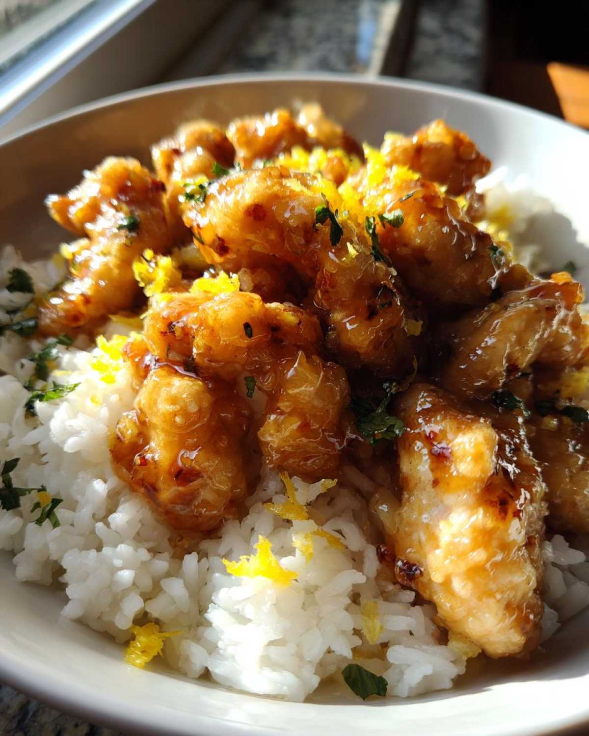 Close-up of glazed chicken pieces served over white coconut rice, garnished with lemon zest and herbs.
