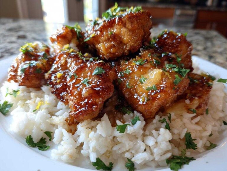 Close-up of glazed, saucy chicken pieces served over fluffy white coconut rice, garnished with parsley.