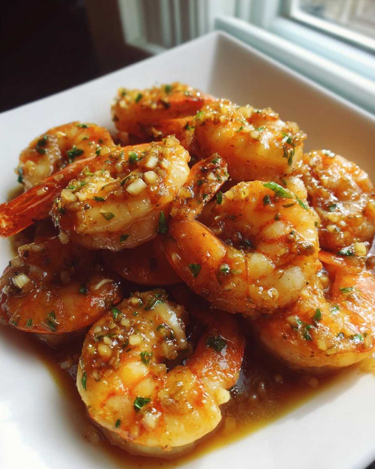 A close-up of succulent, saucy Hawaiian Garlic Shrimp piled high on a white square plate, glistening with garlic and herbs.