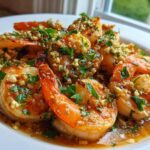 Close-up of juicy Hawaiian Garlic Shrimp coated in a rich, buttery garlic sauce and fresh parsley.