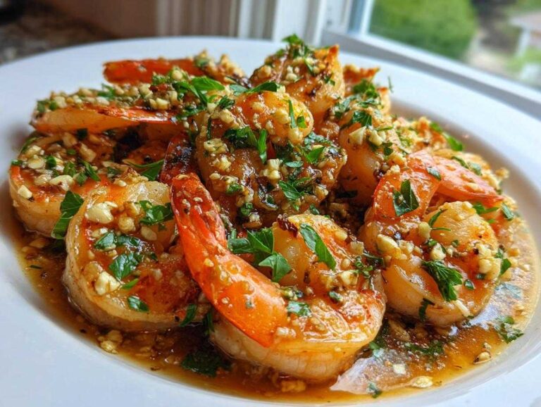 Close-up of juicy Hawaiian Garlic Shrimp coated in a rich, buttery garlic sauce and fresh parsley.