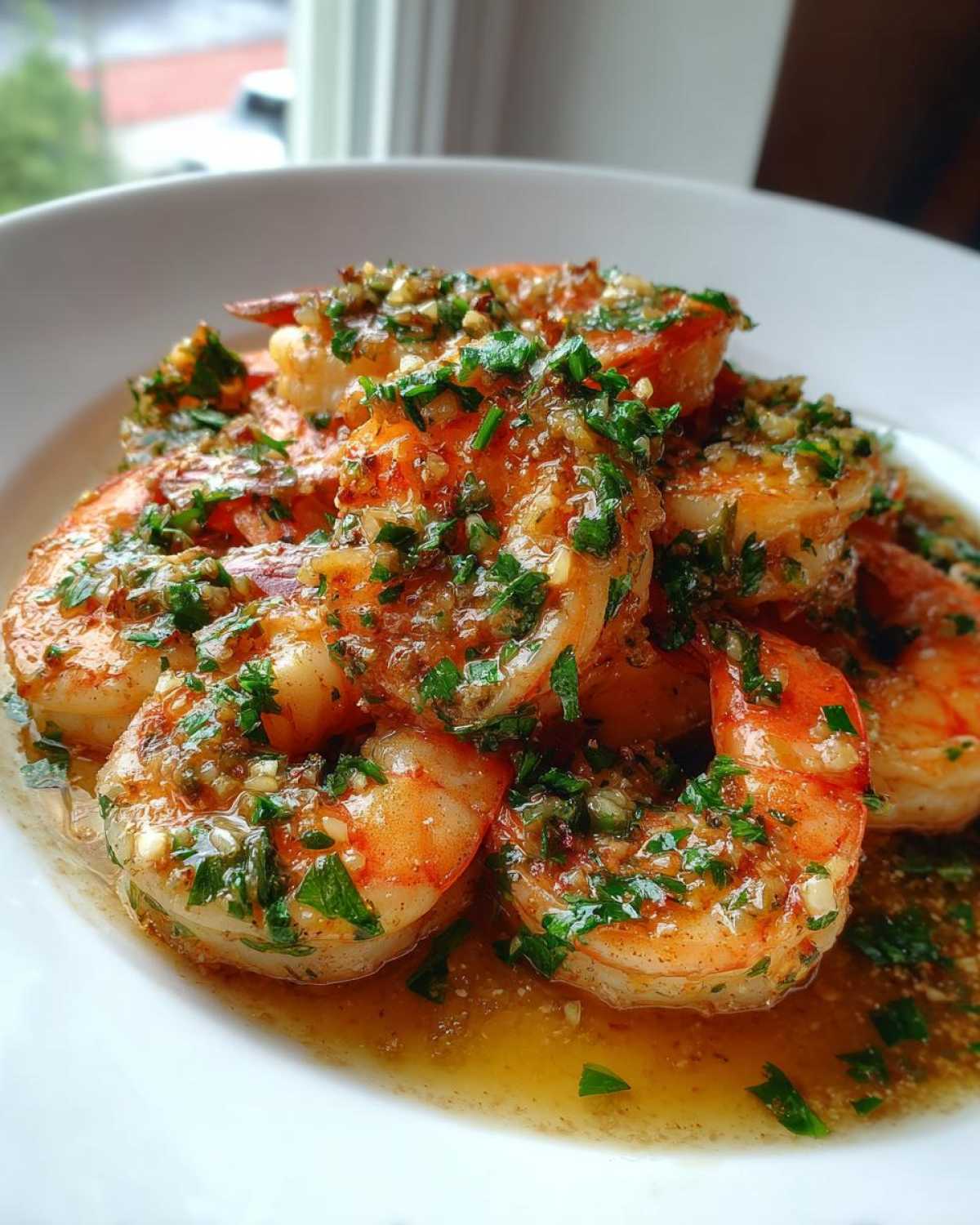 Close-up of succulent Hawaiian Garlic Shrimp coated in a rich, buttery garlic and parsley sauce served in a white bowl.